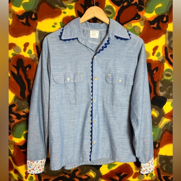 Vintage JC Penney Chambray Denim Shirt 70s Embroidered Big Mac Button Down - Picture 1 of 12